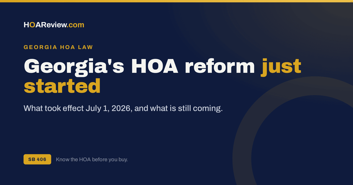Georgia's SB 406 attorney-fee provision in force July 1, 2026, on a navy and gold HOAReview title card