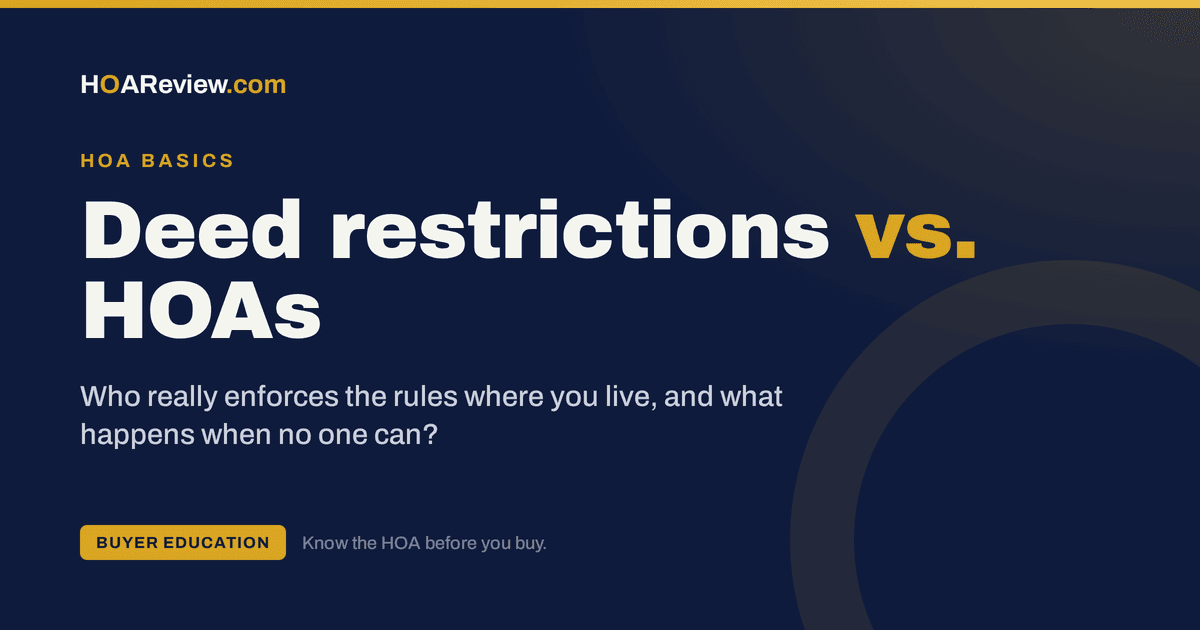 Deed restrictions versus HOAs and who enforces neighborhood rules, on a navy and gold HOAReview title card