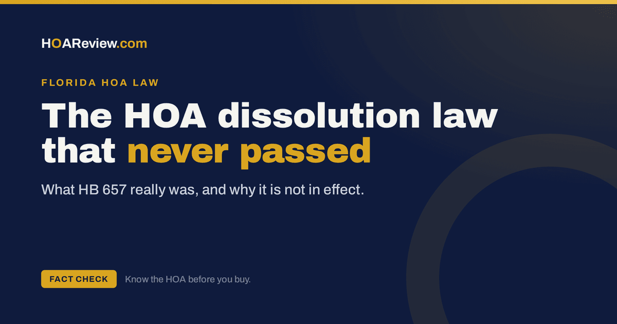 Debunking the Florida HB 657 HOA dissolution rumor, on a navy and gold HOAReview title card
