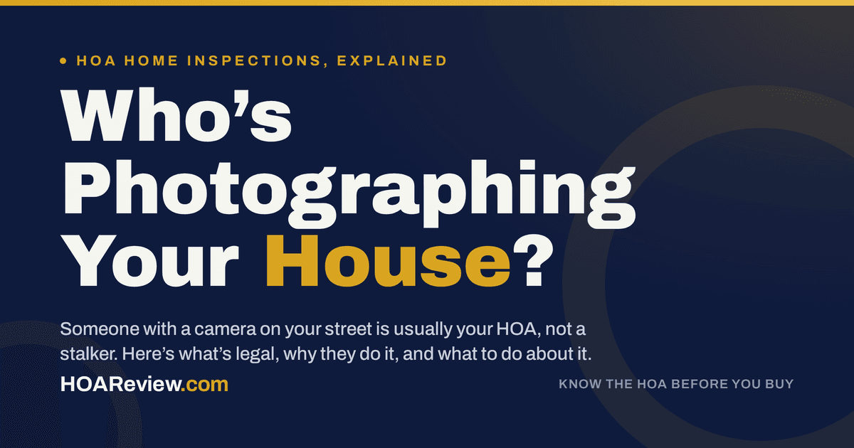 Who's Photographing Your House? HOA home inspections explained, on a navy and gold HOAReview title card