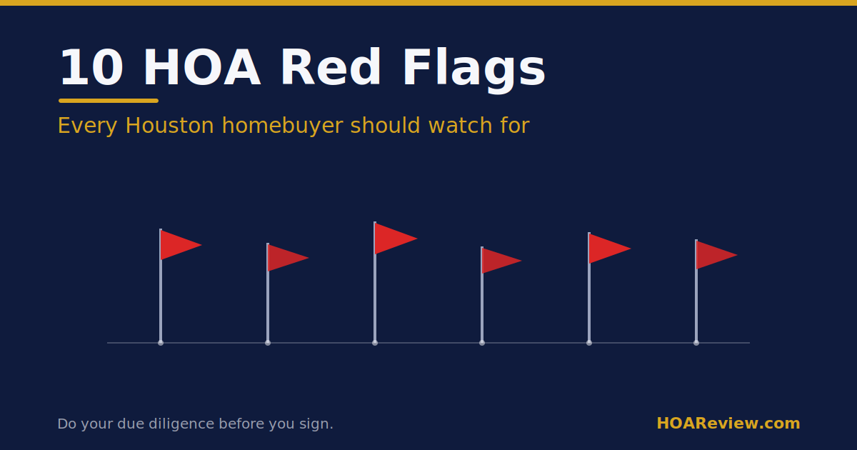 Illustration titled 10 HOA Red Flags Every Houston Homebuyer Should Watch For