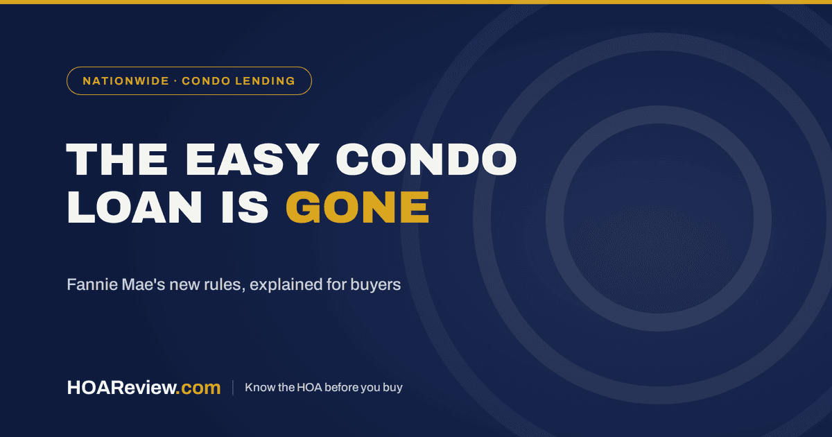 The easy condo loan is gone, Fannie Mae's new rules explained for buyers, on a navy and gold HOAReview title card